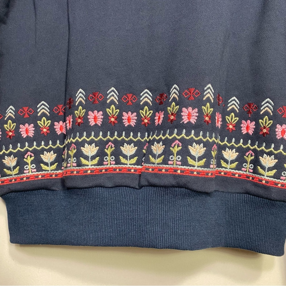 Floral Embroidery Navy Blue Boho Long Sleeves Sweatshirt Hooded Jackets, S - Picture 10 of 16